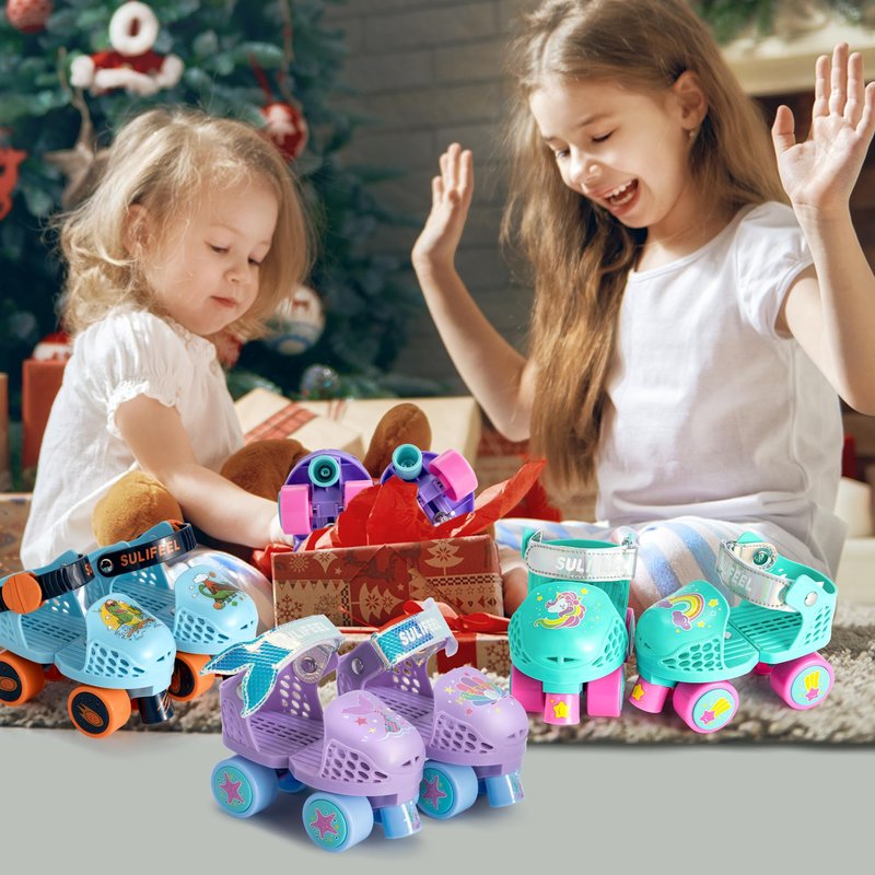 SULIFEEL Kids Adjustable Quad Roller Skates,Toddler Beginner Roller Skates for Gilrs and Boys Age 2-5 Years Old Mermaid Purple