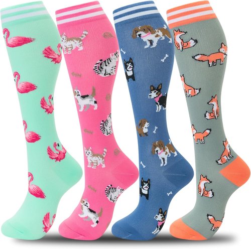 Fenglaoda Compression Socks - Knee High Support for Running, Travel & Sports | 4 Pairs