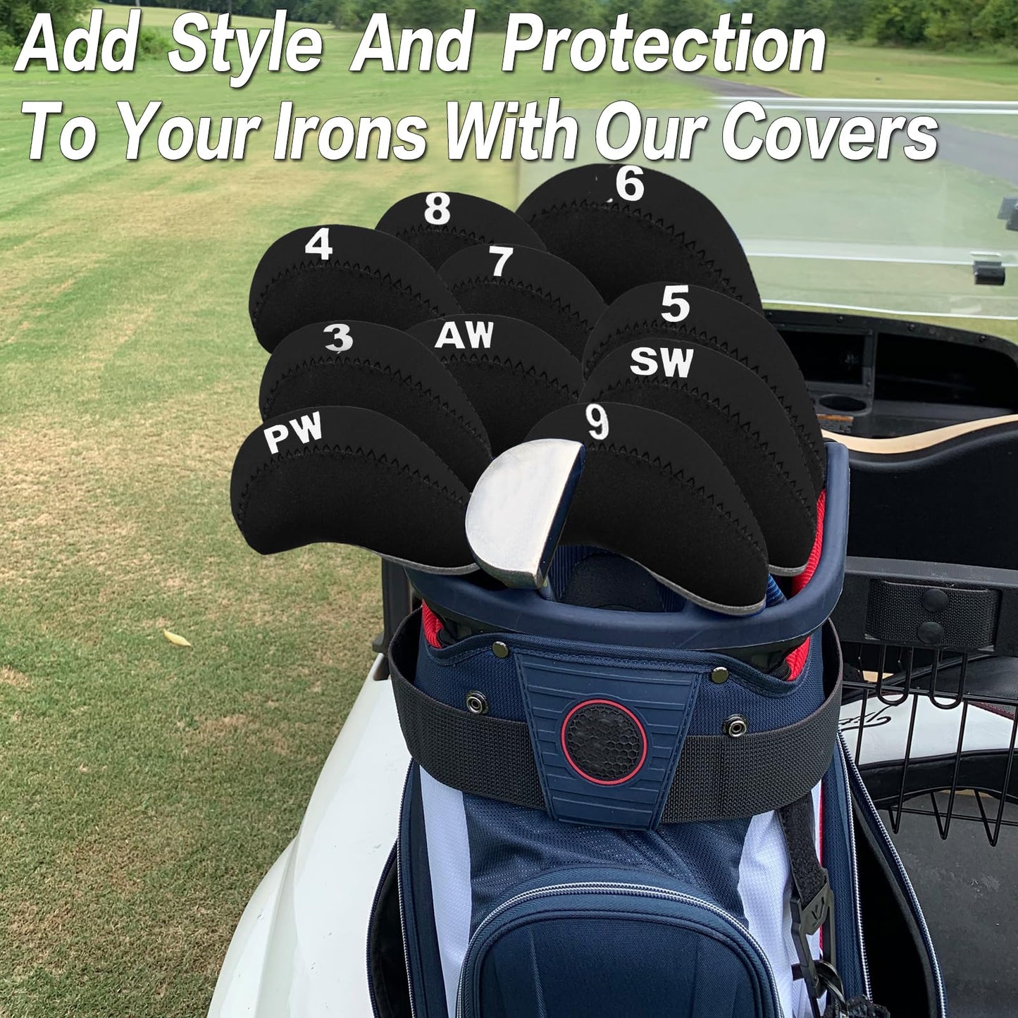 Golf Club Covers Set for Irons Neoprene Iron Head Cover Club Protector 10Pcs with/Without Top Window Accessories for Men Women (Black(Without Top Window))