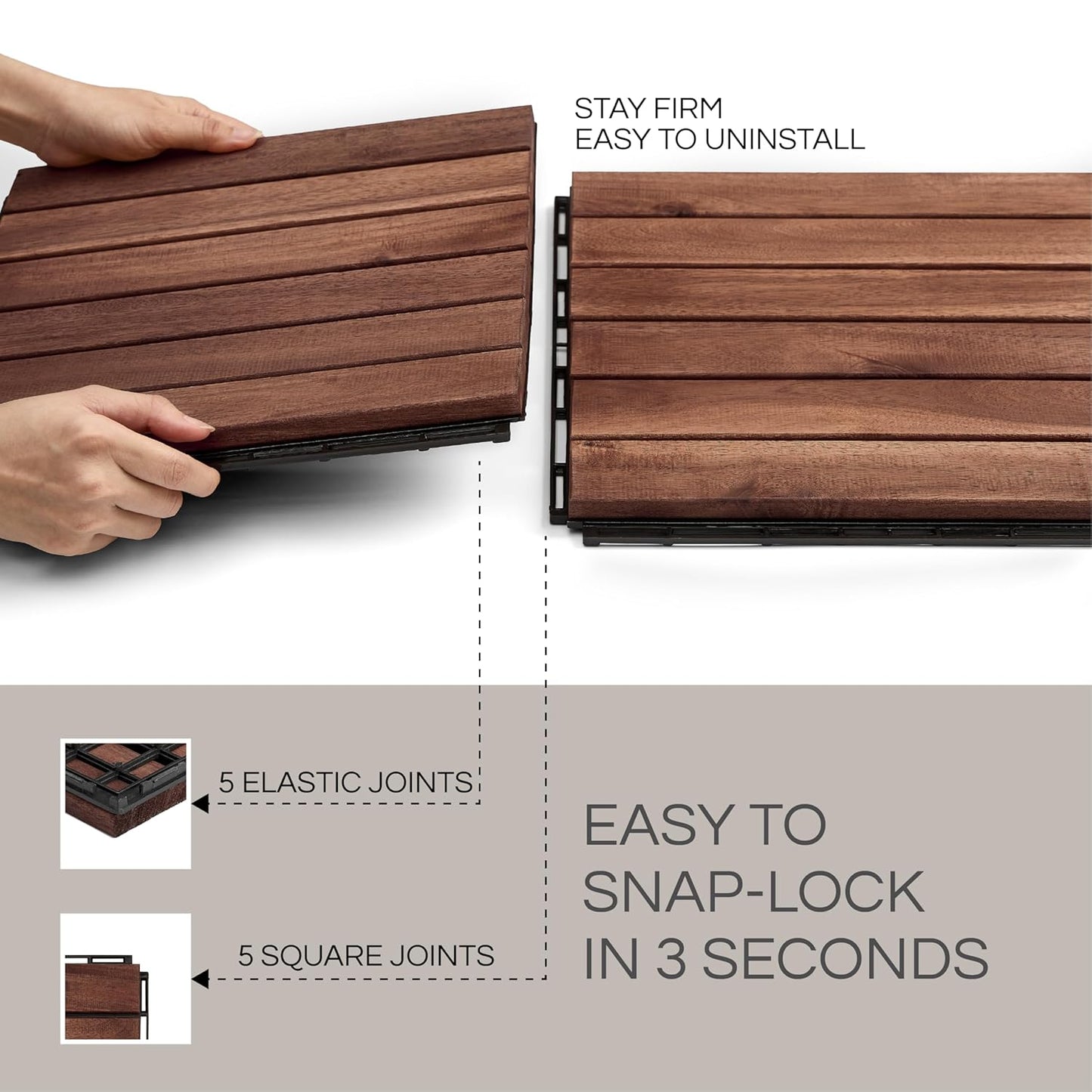 Outdoor Waterproof Acacia Wood Deck Tiles - 10 Pcs Patio Flooring for All Weather Use
