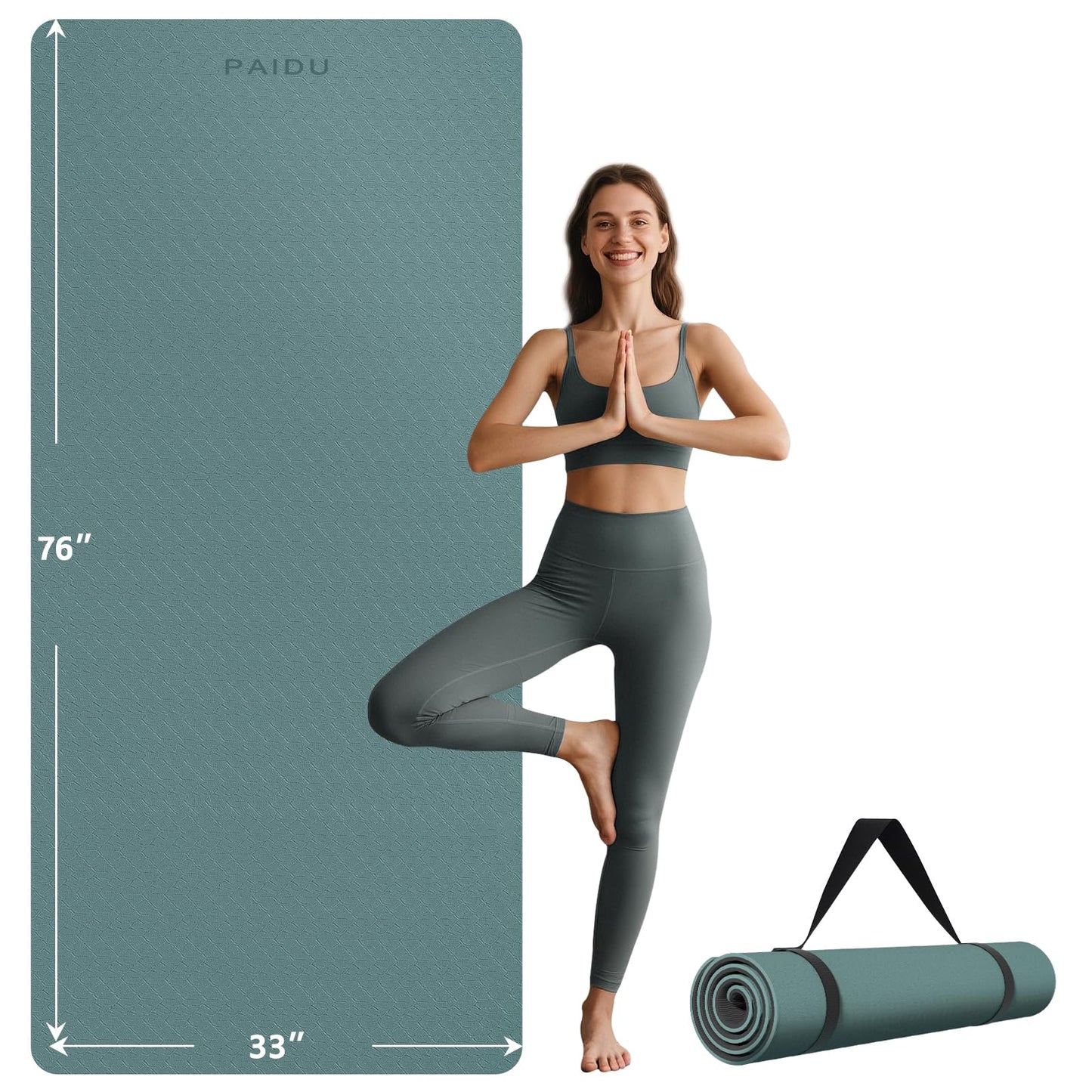 PAIDU Extra Long Wide Yoga Mat 76"x33"x2/5 Inch - Non Slip Thick Exercise Mat for Home Gym, Yoga, Pilates & Workouts (Dark green + Black)
