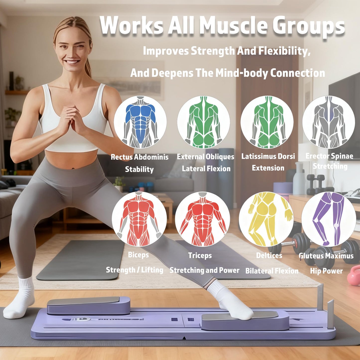 Exhilppy Pilates Board with Phone Holder and Timer, Portable Pilates Reformer, 8-in-1 Multi-Functional Foldable Pilates Reformer Board Set