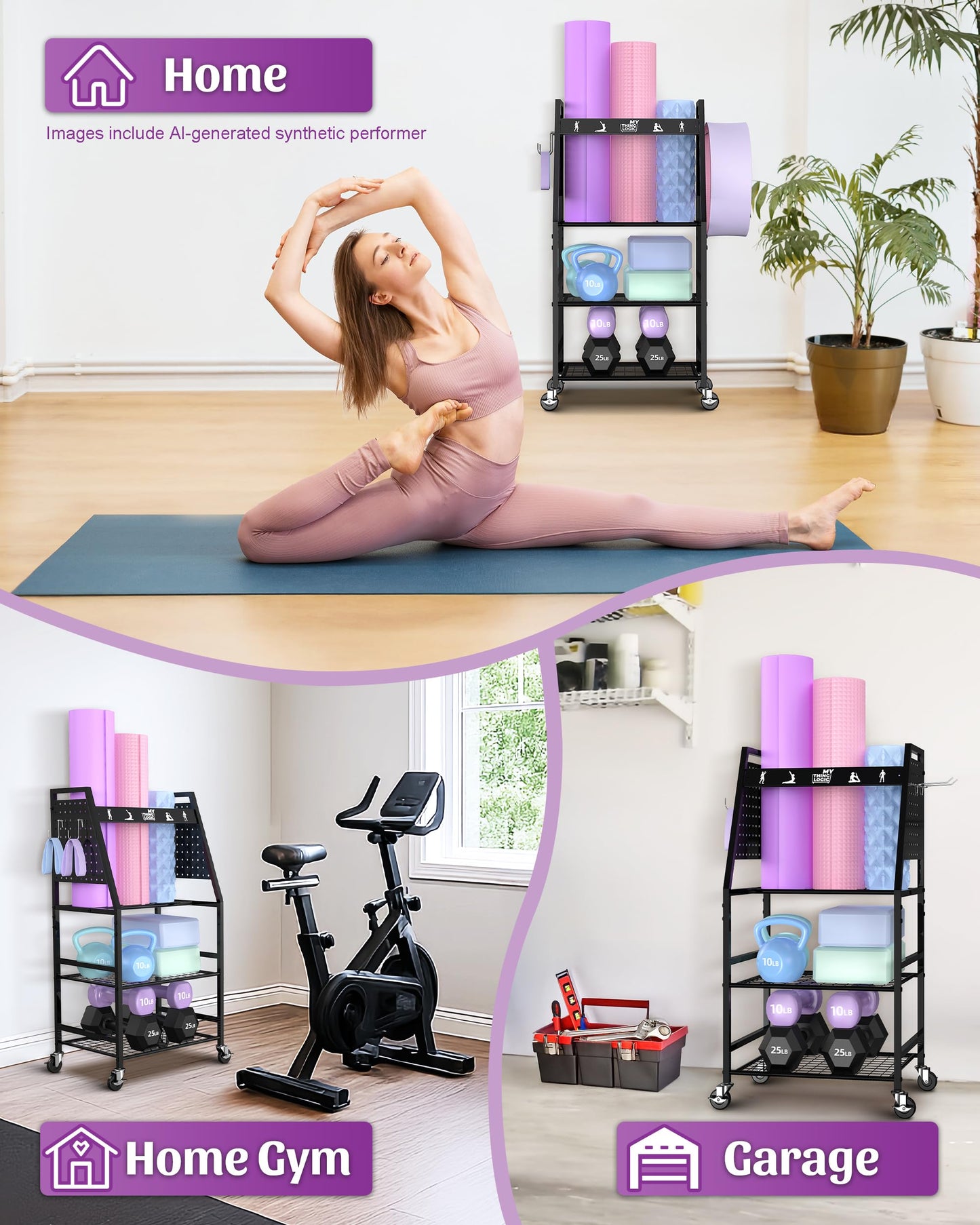 Mythinglogic Yoga Mat Storage Racks,Home Gym Storage Rack for Dumbbells Kettlebells Foam Roller, Yoga Strap and Resistance Bands, Workout Equipment Storage Organizer With Hooks and Wheels (New Black)