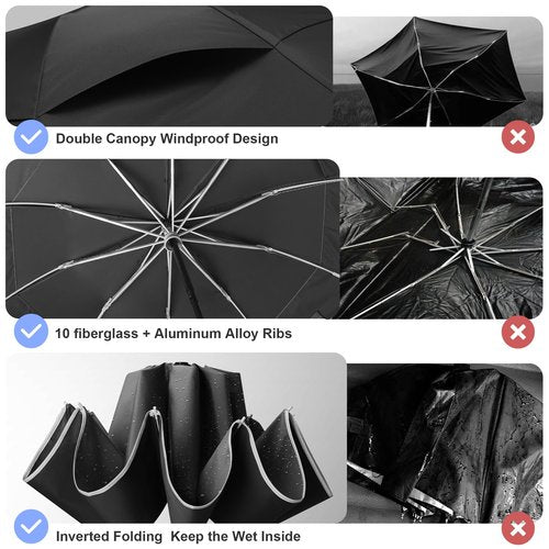 Urvoix Compact Golf Umbrellas Windproof, Travel Umbrella for Rain, 10 Ribs Aluminum Alloy & Fiberglass w/Reflective Stripe, Double Canopy Automatic Anti-bounce Close (Black)