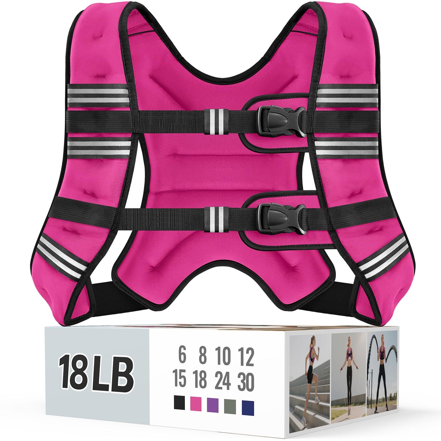 Zeerun Weighted Vest, 6lb/8lb/10lb/12lb/15lb/18lb/20lb/24lb/30lb for Men Women, Reflective Stripe Adjustable Buckle, Comfortable Durable Rucking Vest for Walking Running Strength Training, 18LBS-Pink