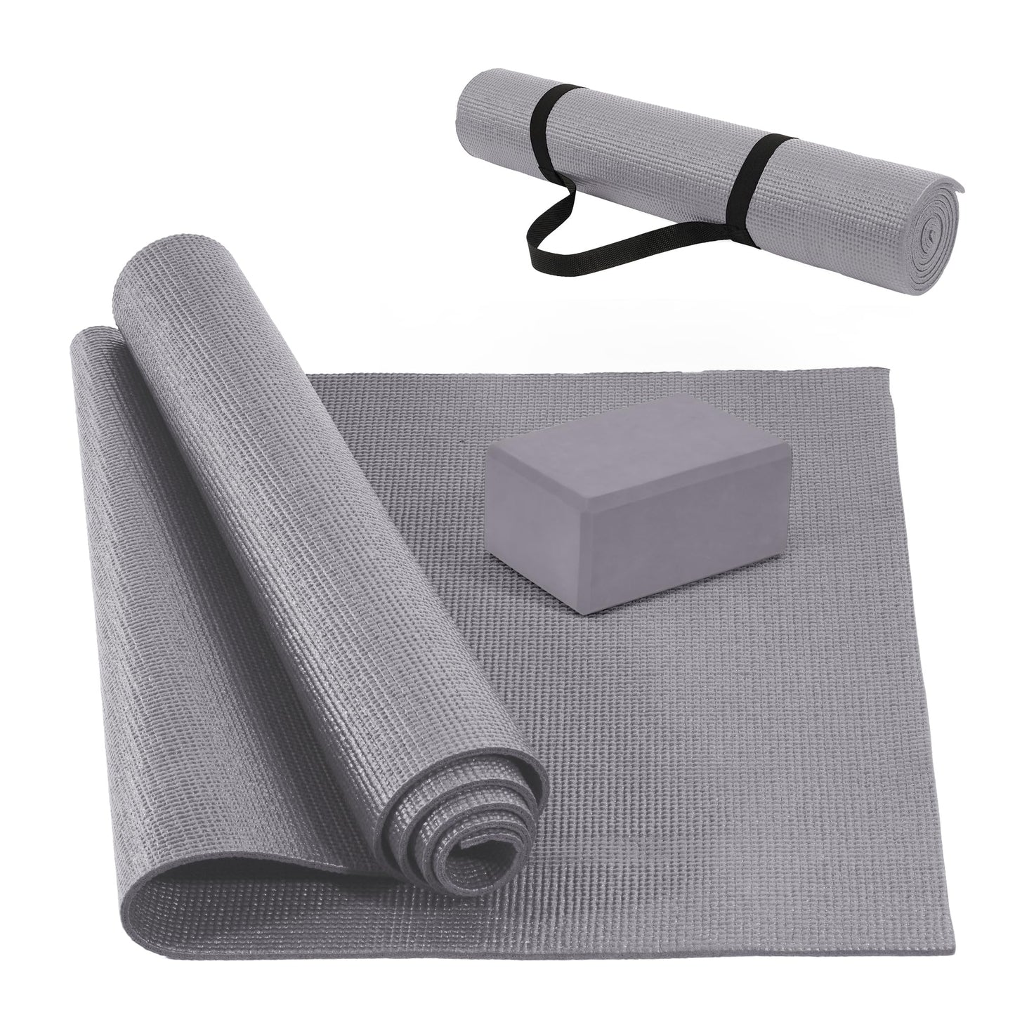 Signature Fitness All Purpose 0.25 Inch Thick High Density No Tear Exercise Yoga Mat with Strap & Lightweight Features for Indoor & Outdoor Use, Gray