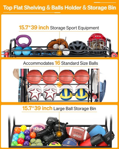 EXTCCT Garage Sports Equipment Organizer - Rolling Ball Storage Bin with Wheels | Multi-Functional Gear Rack