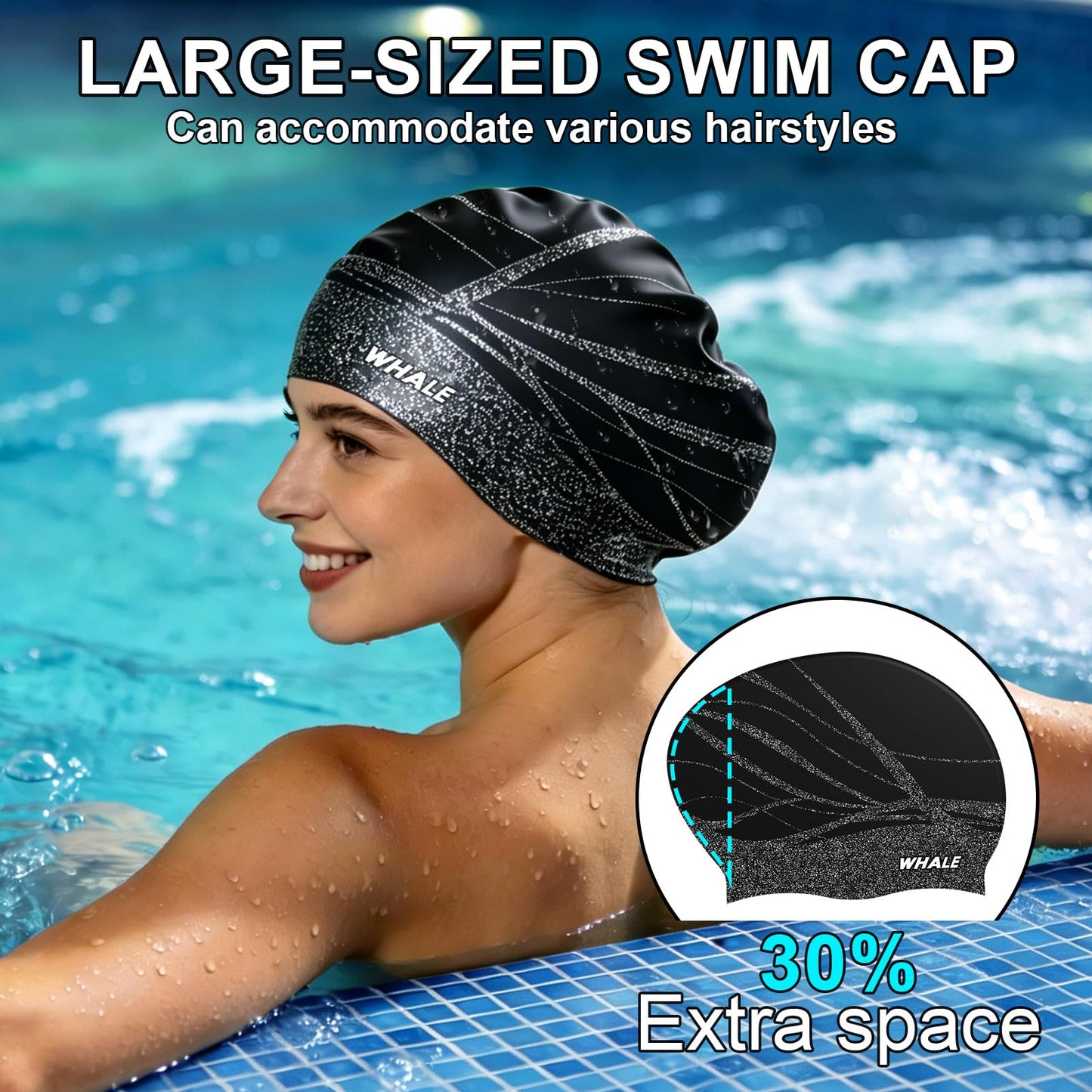 WHALE Extra Large Swim Cap Designed for Men and Women with Thick, Long Hair, Hair Extensions Or Afro-Textured Hair Long-Hair Swim Cap Highly Waterproof to Keep Hair Dry (Black)