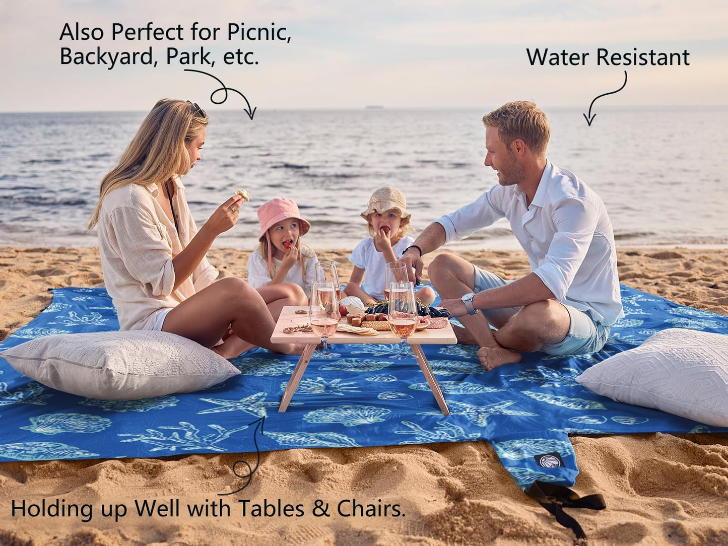 WEKAPO Beach Blanket Waterproof Sandproof Oversized, Extra Large Beach Mat Sand Free, Lightweight & Compact Sand Free Mat with 5 Stakes & 4 Corner Pockets