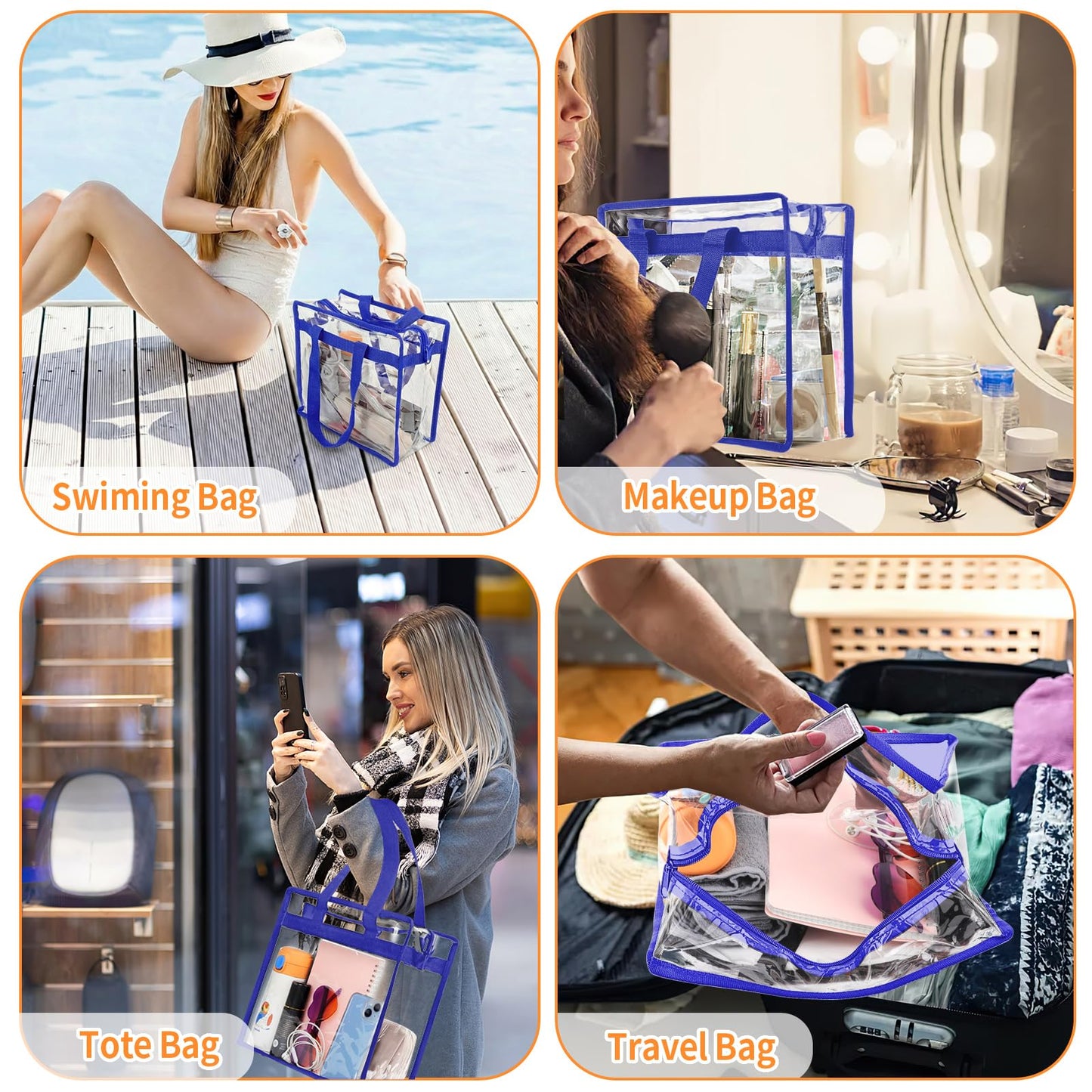 Hoiny Clear Bag for Stadium Events Approved, 12x6x12 Large Transparent Tote Bag with Zipper for Gym Concert Sports Festivals (Navy Blue)