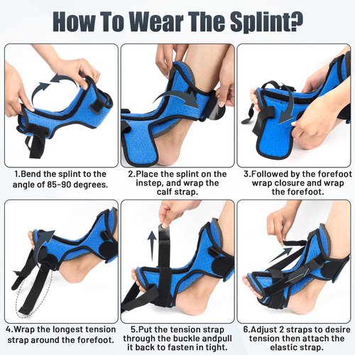 Runkelai Plantar Fasciitis Night Splint with Massage Ball, Adjustable Brace Dorsal Night Splint for Achilles Tendonitis Foot Drop Relief Arch Pain, Comfortable with 4 Straps for Secure Fit Black-Blue