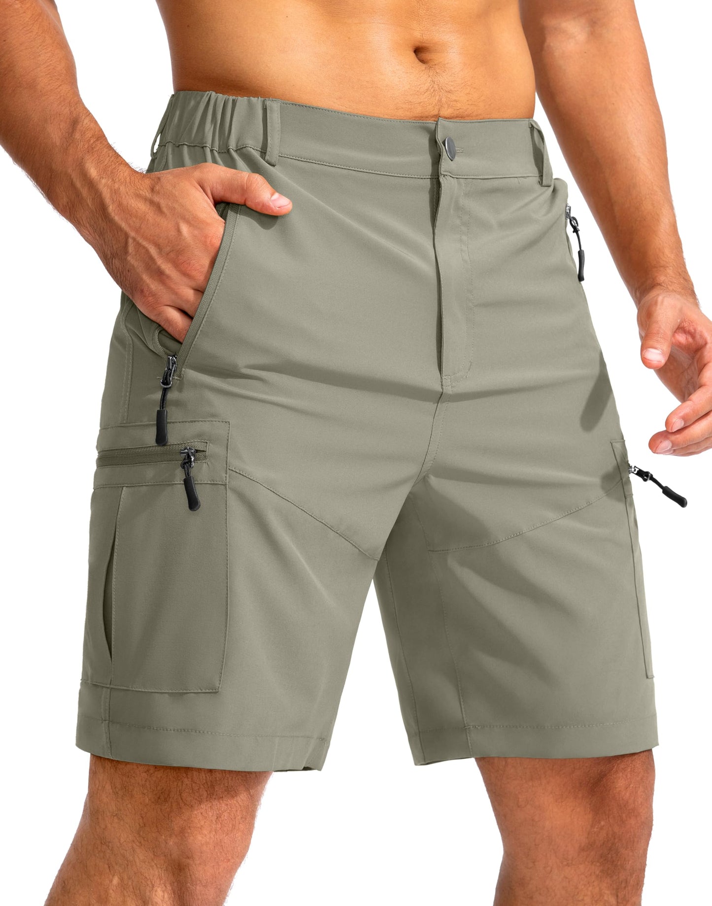 Pudolla Men's Hiking Cargo Shorts 9" Lightweight Outdoor Work Shorts for Men Travel Golf Camping Casual with 5 Zipper Pockets(Grey Sage Small)
