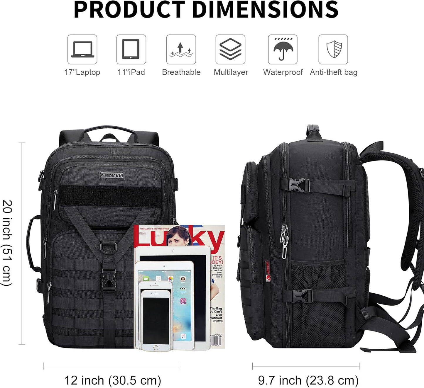 WITZMAN 45L Convertible Travel Backpack - Large 3-in-1 Design for 17-Inch Laptops | Airline Approved (B688 Black)