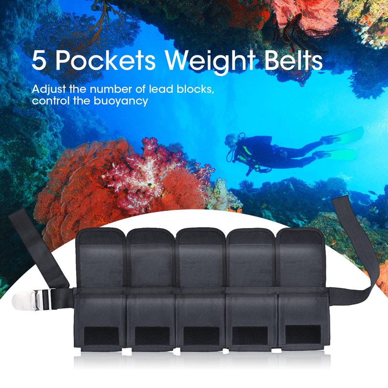 Pluzluce Scuba Weight Belt with 5 Pockets, Quick-Release Buckle Diving Pocket Weight Belt Adjustable Snorkeling Webbing Weight Pouch Belt fit for Waist 32" to 52" Black (Not Including Weights)