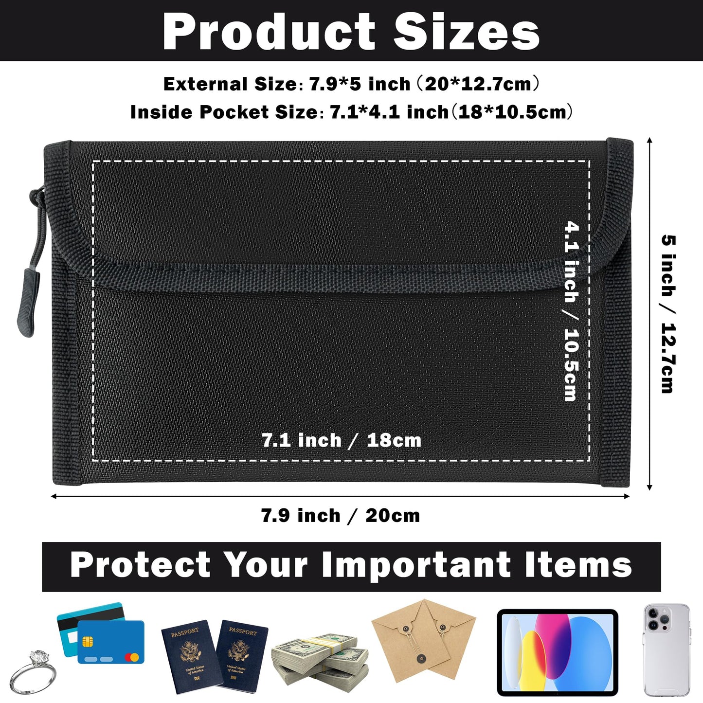 GQIRIL Fireproof Waterproof Document Bag - 5200°F Water Resistant Fire Proof Money Bag, 3 Layers of Heat Insulated Storage with Zipper, 7.9"x5" Portable Files Safe Pouch for Cash Passport (Black)