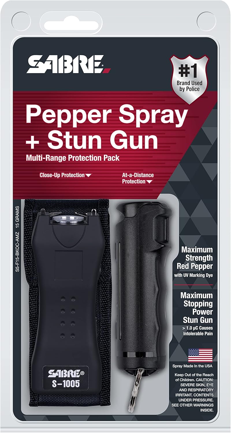 SABRE Pepper Spray & Stun Gun Combo - 2-in-1 Self Defense Kit with Flashlight & Rechargeable Battery | 120 Lumen LED