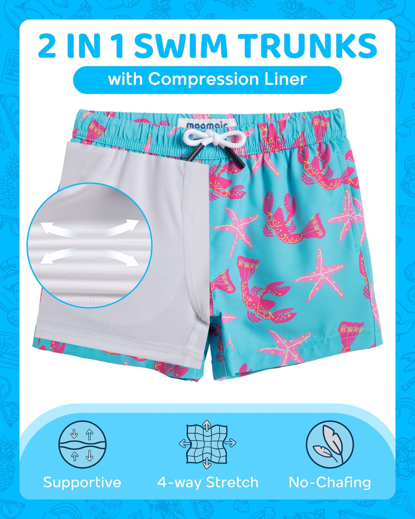 maamgic Boys Swim Trunks with Compression Liner Toddler Boy Swimsuit Quick Dry 4-Way Stretch Swimming Trunks Sea World Acid Blue 10-12 Years
