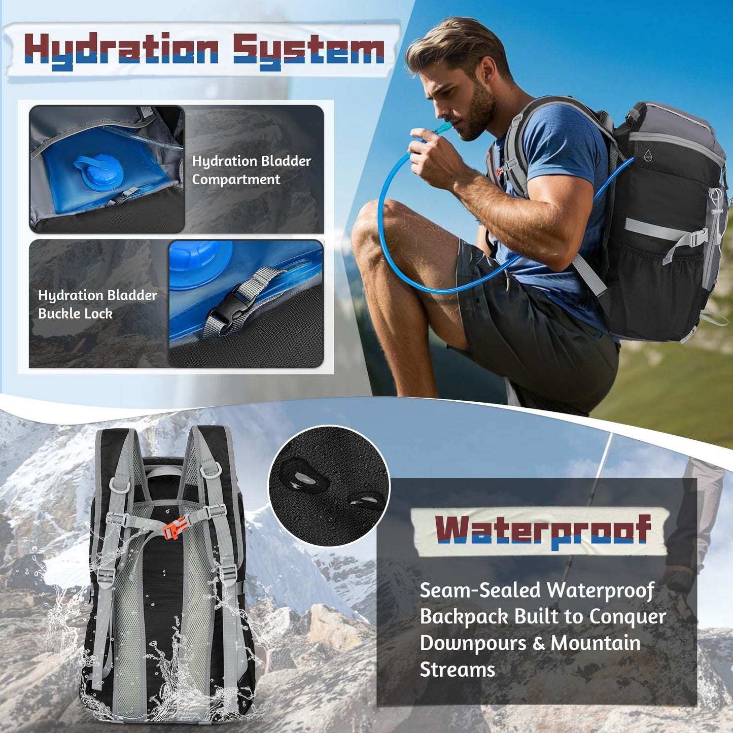 RAINSMORE Foldable Hiking Backpack for Women Men Packable Camping Backpack 40L Waterproof Hiking Daypack Bag Lightweight Collapsible Daypack for Travel Trekking Mountaineering Large Capacity Black