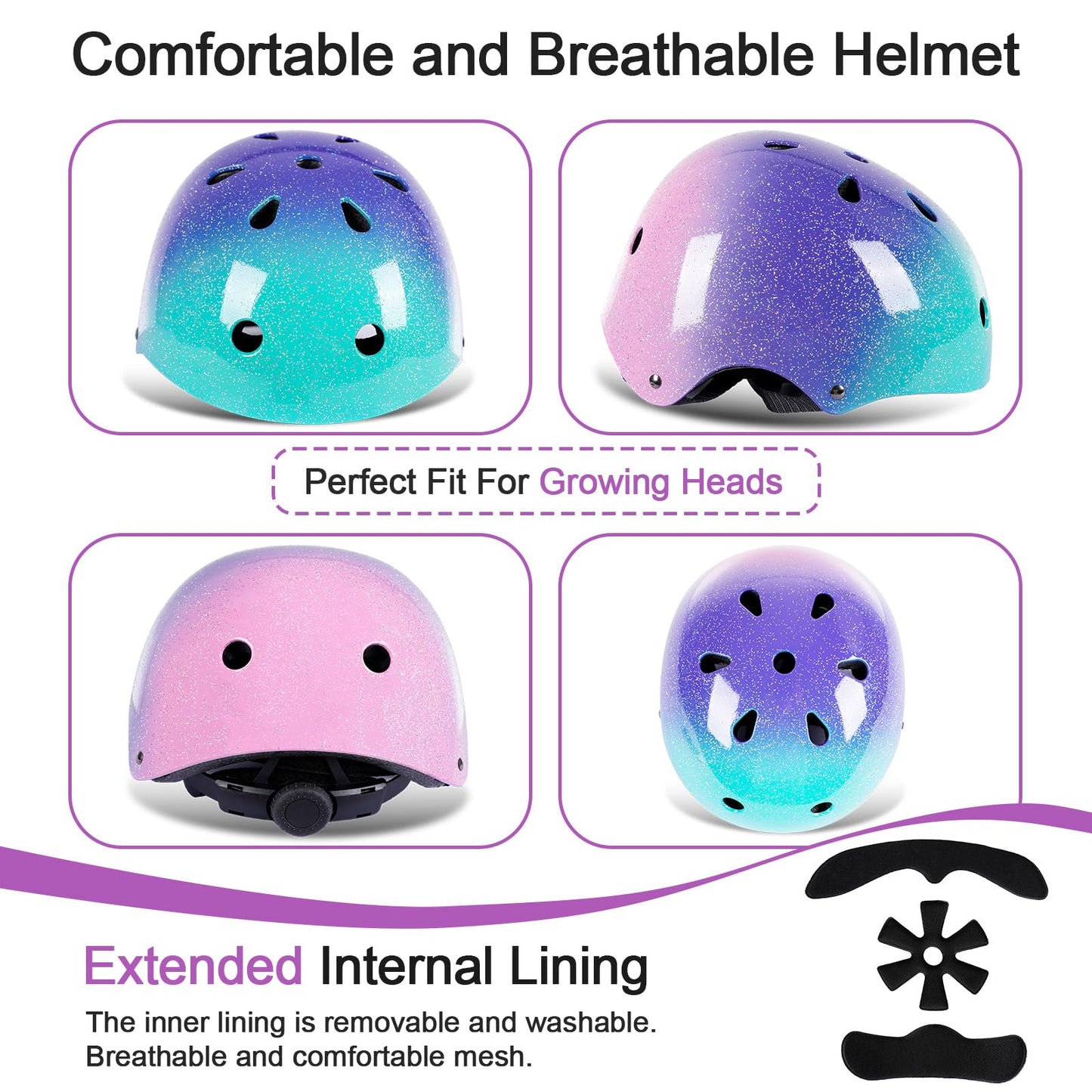 Kids Bike Helmet for 3-5-8-14 Years Kids Girls Boys Youth Bicycle Helmet for Scooter Balance Bike Roller Skating Skateboard Helmet (Greenpurplepink, Small)