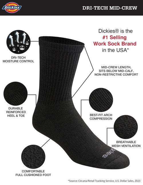 Dickies Men's Dri-Tech Mid-Crew Comfort Length Moisture Control Socks, Available in M-XL (6, 12 Pairs), Comfort Length Black Solid (6 Pairs), Large