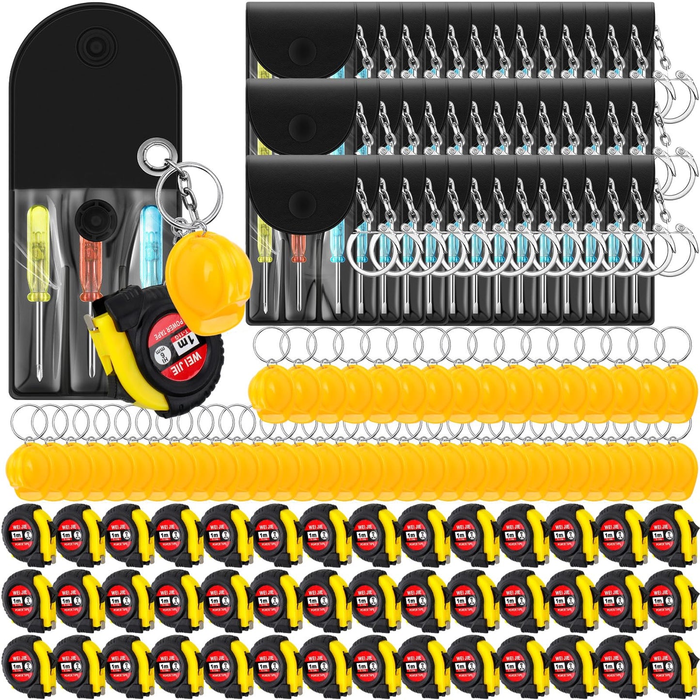 Jutom 9 Pcs Mini Construction Helmet Keychains Tape Measure Screwdriver Bulk for Men Adult Party Favors Tool Christmas Gifts