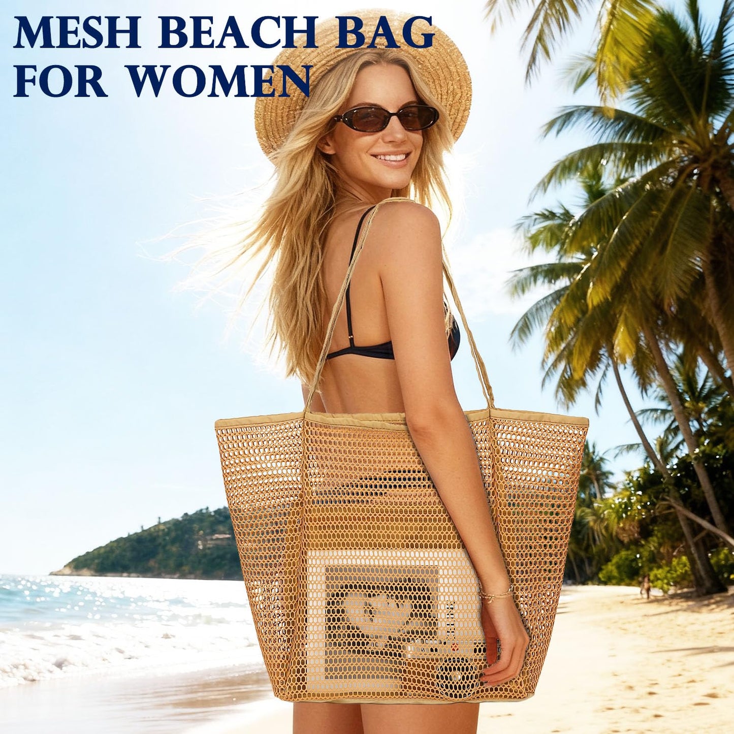 Fammart Mesh Beach Bag for Women, Summer Straw Tote Hobo Pool Bags with Zipper Pocket, Travel Vacation Cruise Essentials 2026