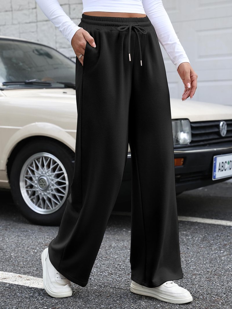Bellcoco Womens Wide Leg Sweatpants High Waisted Baggy Track Pants Drawstring Casual Athletic Pants with Pockets Black L