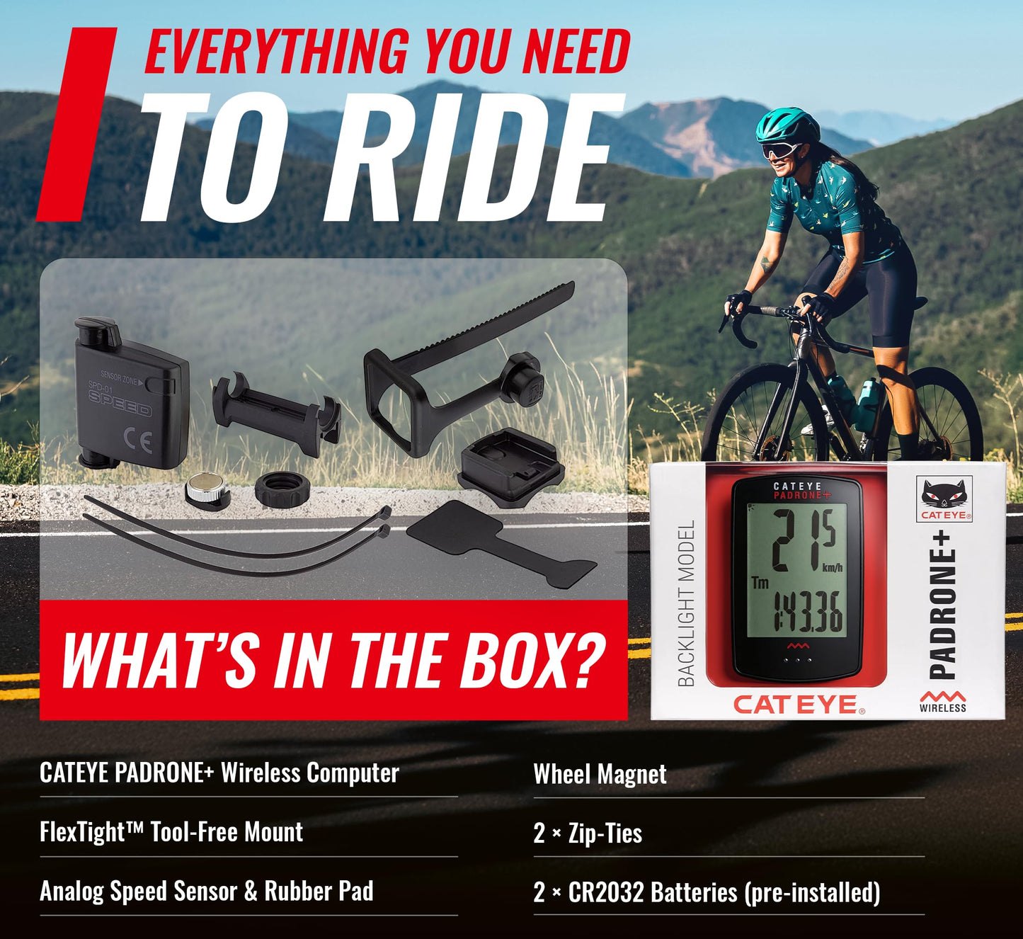 CATEYE Padrone Plus Bike Computer – Oversized Display Cyclocomputer, Wireless Speed Tracking for Cyclists, FlexTight™ Mount, Automatic Start/Stop, Backlight Display with Night Mode