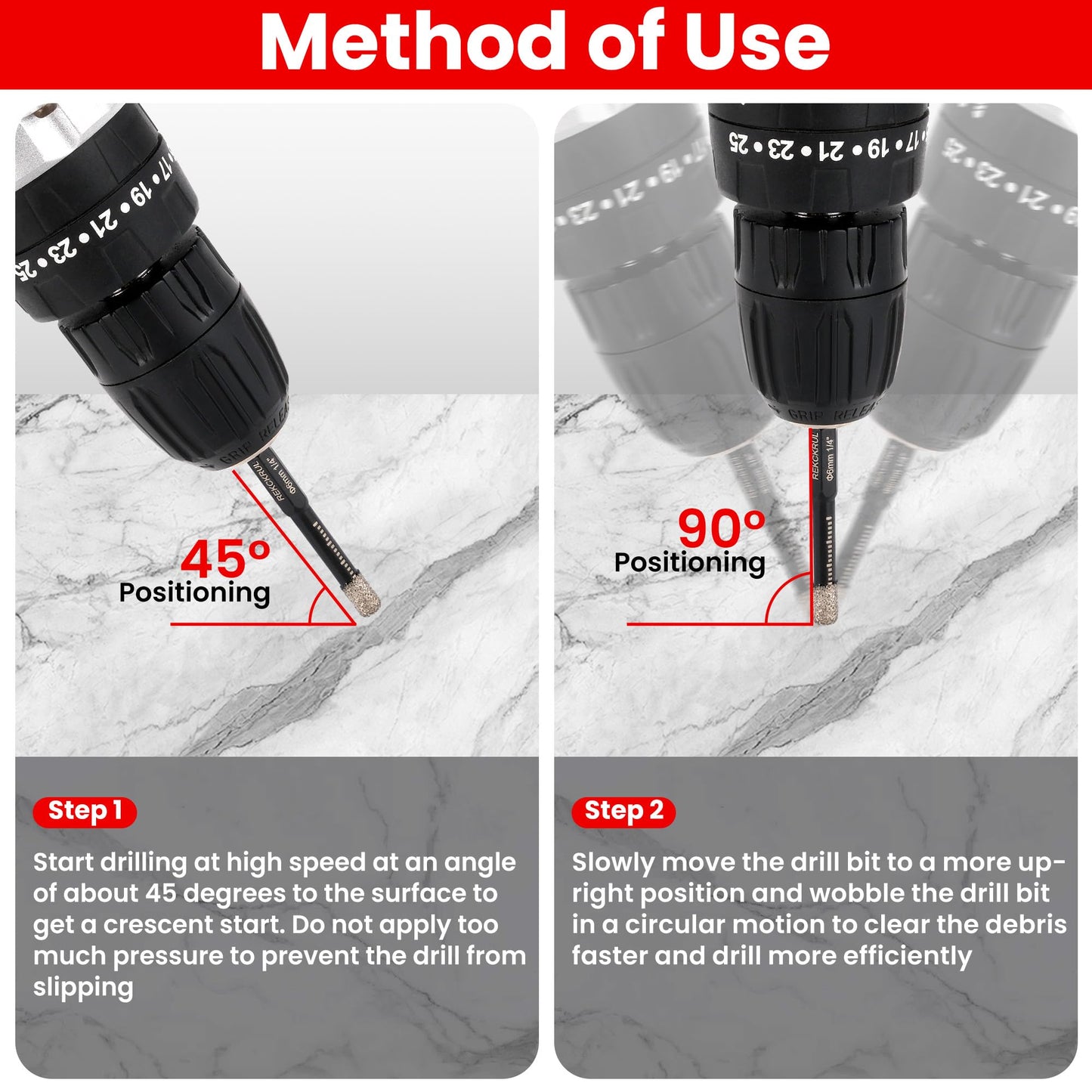 REKCKRUL 5-Pack Diamond Drill Bits Set, 1/4 5/16 3/8 1/2 Inch Diamond Hole Saw – 1/4 Hex Shank Core Drill Bits for Ceramic, Tile, Glass, Granite, Marble, Brick & Stone, 6/8/10/12mm