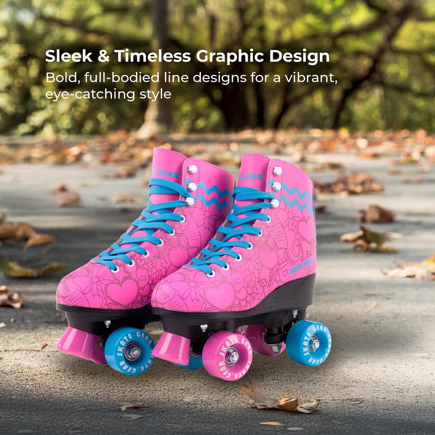 Skate Gear Extra Support Quad Roller Skates for Kids and Adults (Graphic Black w LED, Women's 6 / Youth 5 / Men's 5)