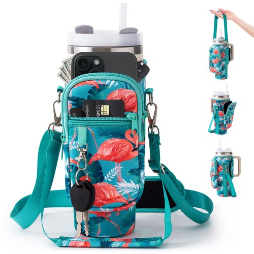 linmaya Water Bottle Carrier Bag for Stanley Cup 40/30oz with Phone Holder Pocket, Neoprene flamingo Water Bottle Cross-body Carrier Bag with Adjustable Shoulder & HandStraps