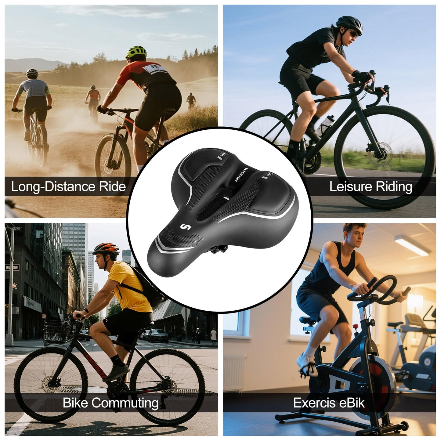 DREAMDASH Comfort Bike Saddle,Waterproof PU Bicycle Seat with Silicone Gel & Memory Foam Shock Absorbing,25x21cm Soft Bike Seat Replacement for Men Women,Mountain City Stationary Spin Bike