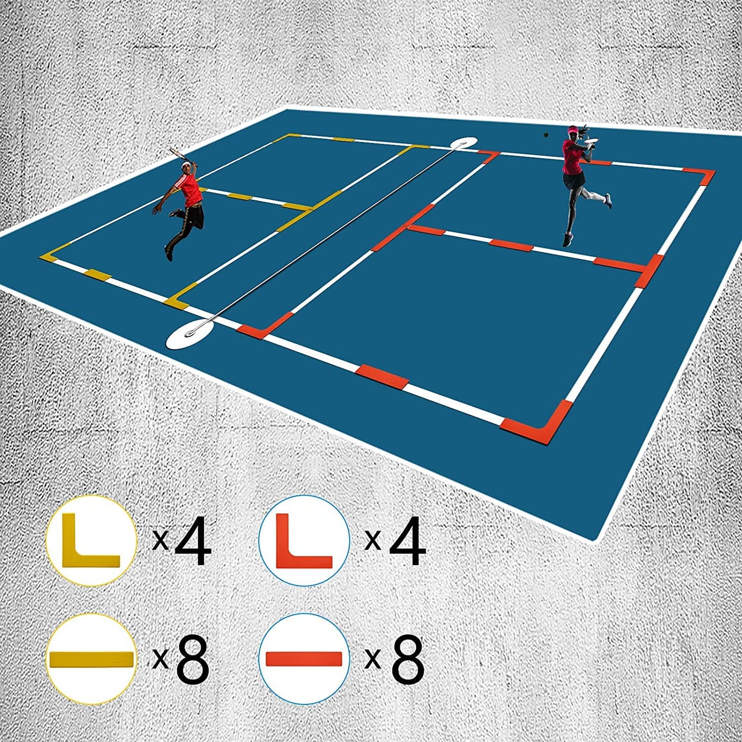Eco Walker Court Lines Marker Kit Throw Down Markers Create Your Own Mini Pickleball Tennis Court (Red-Yellow I L Shape)