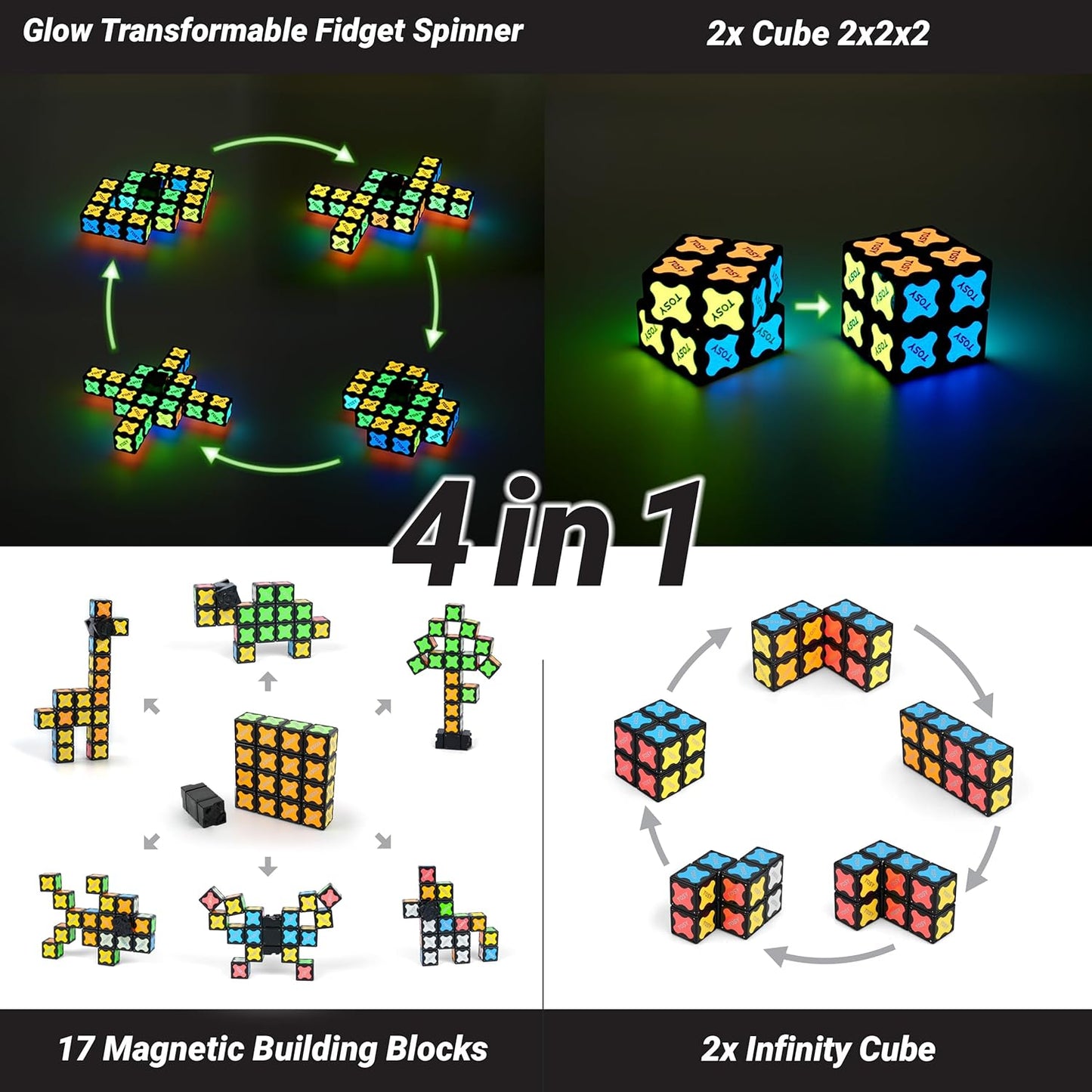 TOSY Magnet Fidget Spinner - Glow In The Dark 3-in-1 Transformable Toy | Infinity Cube & Puzzle for Kids & Adults