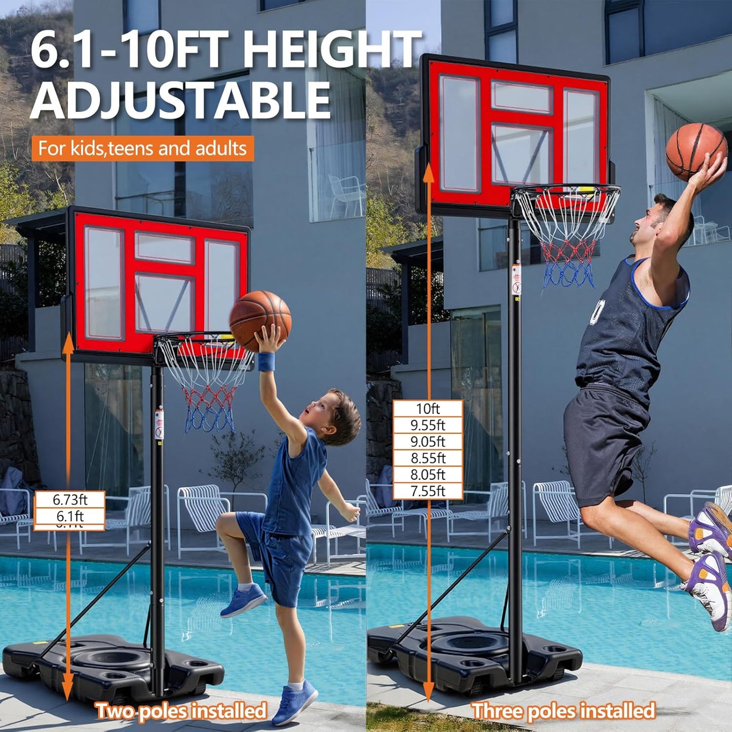 Sweetcrispy Portable Basketball Hoop - Adjustable Height, Shatterproof Backboard & Shock Absorbent Rim | Ideal for Backyard & Driveway