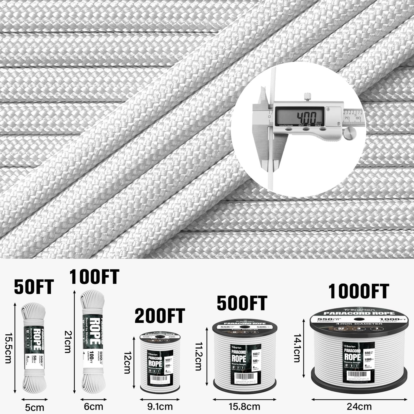 Paracord Rope 550 lb - 50ft 5/32" Parachute Cord 4MM 7-Strand para Cord - Heavy Duty Spool String for Survival,Camping Gear, Survival Bracelet, Clothesline - White