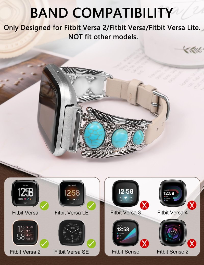 Minyee Leather Band Compatible with Fitbit Versa 2/Versa 1/Versa Lite Bands Women, Turquoise Western Boho Vintage Cowboy Retro Jewelry Ethnic Designer Cute Fancy Style Replacement Strap for Versa 2