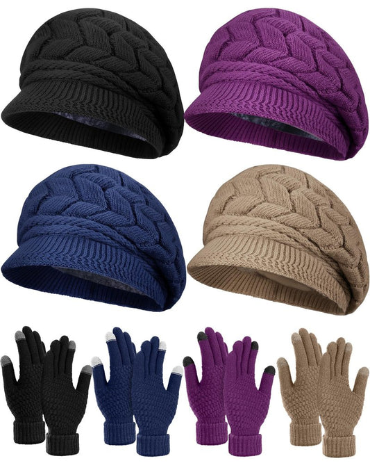 Newcotte 8 Pcs Women Hats Gloves Winter Set, Warm Cap Beanie Hat Knit with Visor Snow Ski Caps and Touch Screen Gloves (Black, Purple, Navy Blue, Dark Khaki)