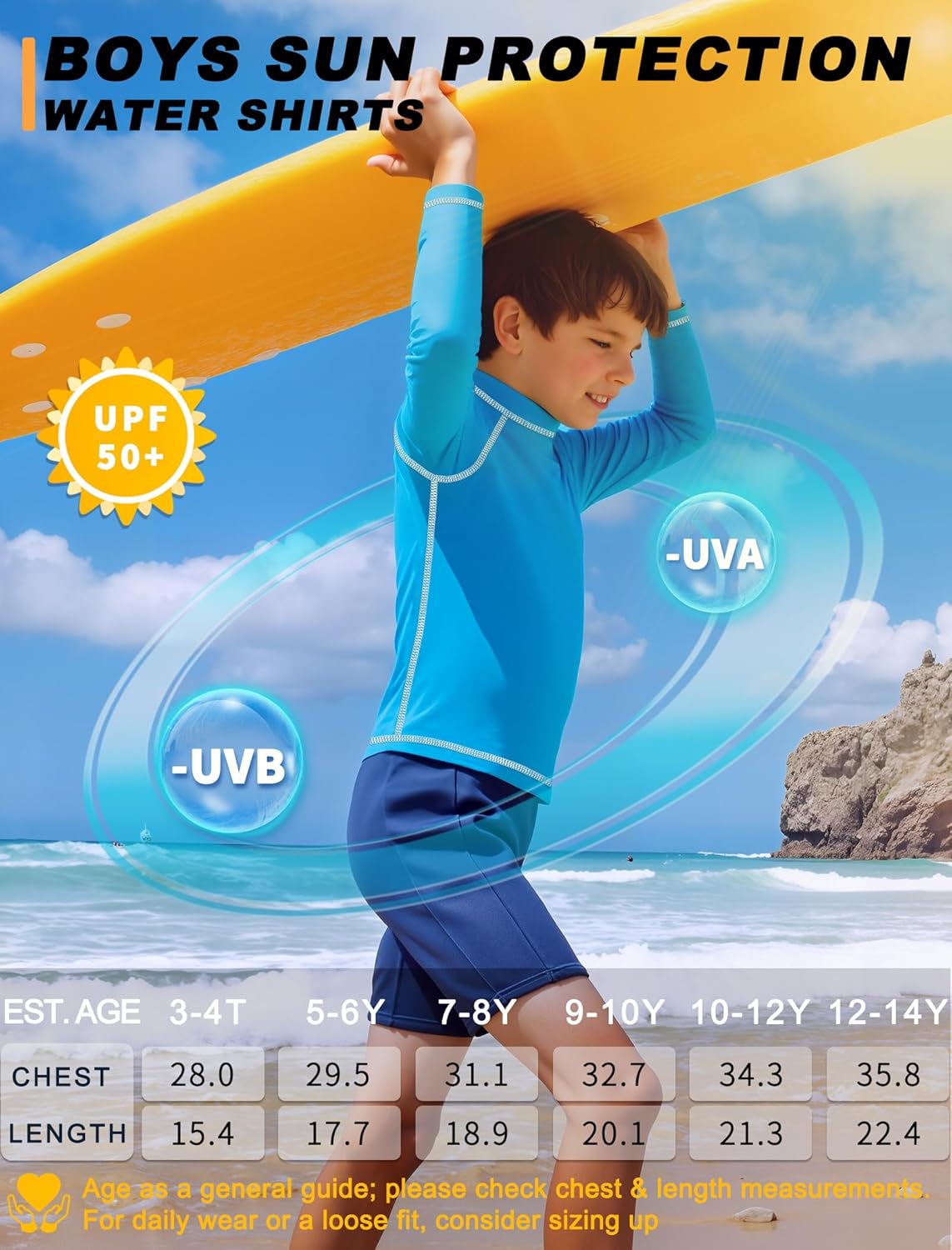 Skiennix Boys Rash Guard Swim Shirt - Long Sleeve UPF 50+ Sun Protection for Kids | Quick Dry Beach Wear
