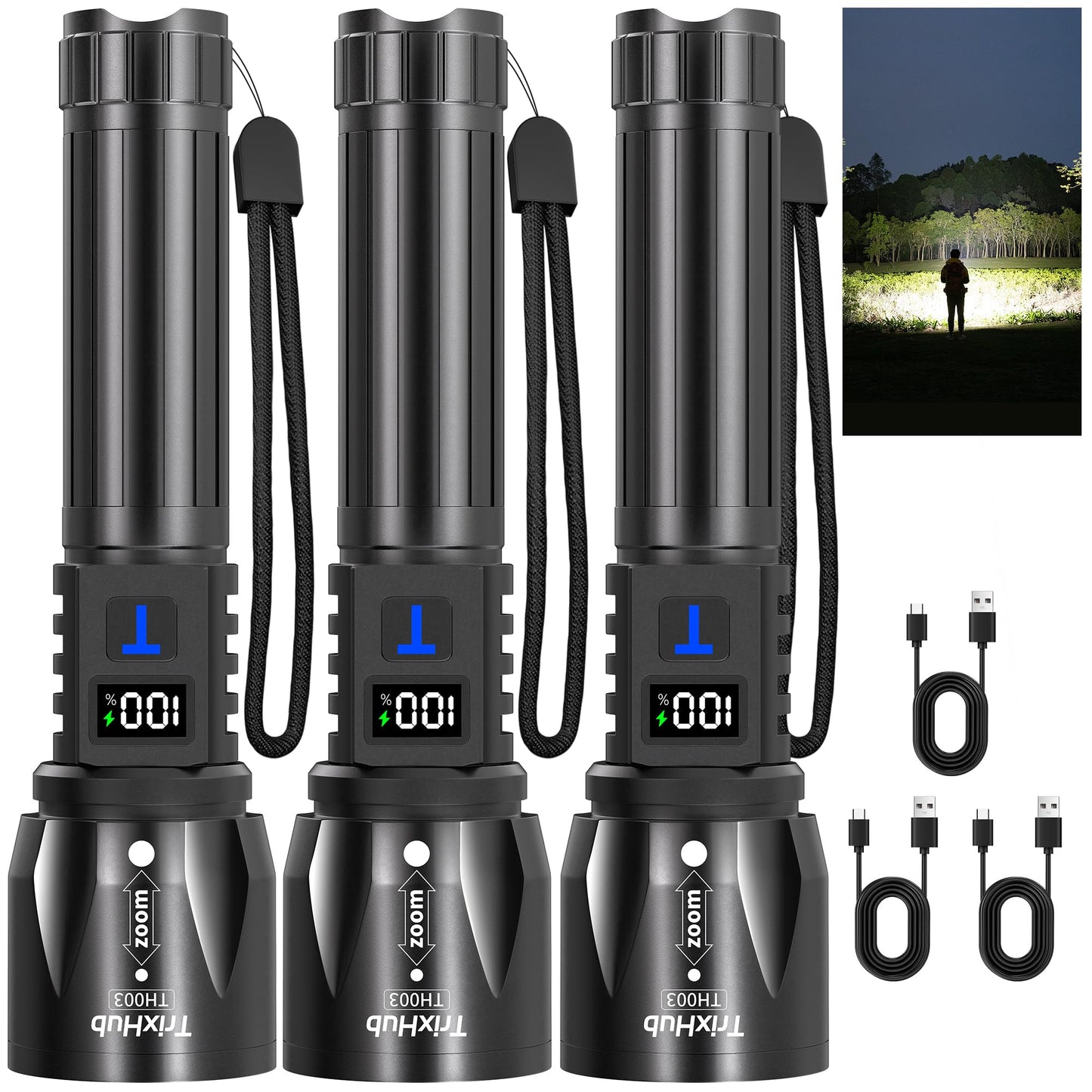 TrixHub Rechargeable Flashlights 3Pack High Lumens, 5Mode Rechargeable Flashlights with LCD Digital Display, Super Bright Flashlight Adjustable Flash Light, High Powered LED Flashlight for Emergency