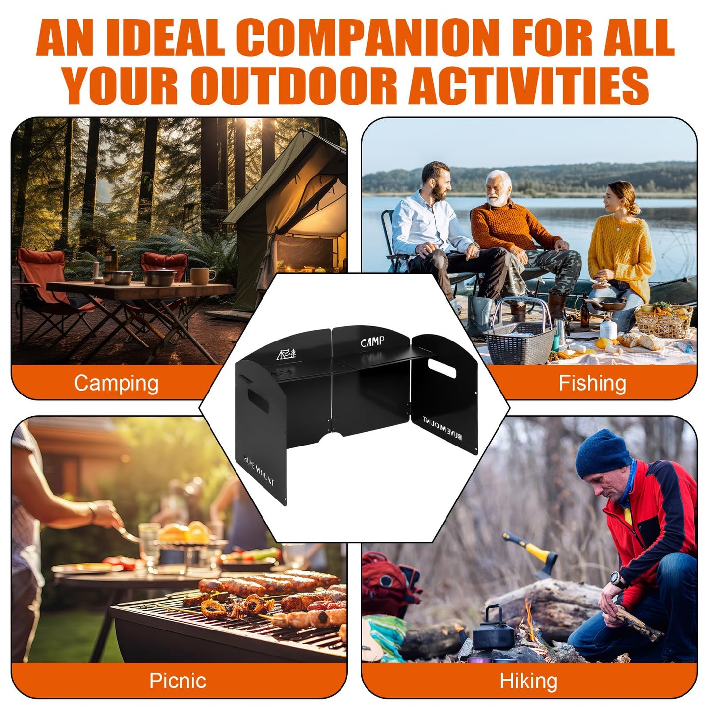 Black Camping Stove Windscreen 4 Plates Steel Camp Stove Windscreen Folding Outdoor Picnic Cooker Stove Wind Screen Windshield with Drawstring Bag for Camping, Hiking, Picnic, Backpacking, Cooking