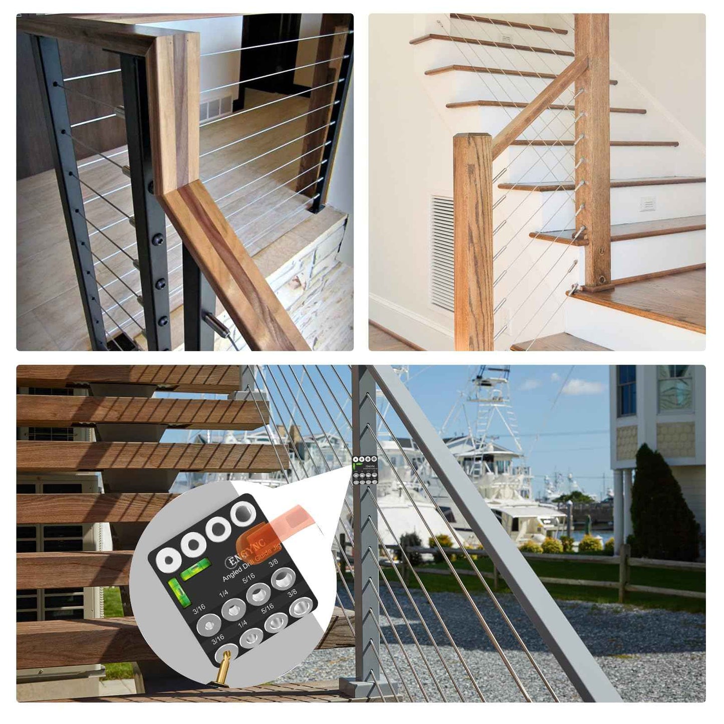 ENGYNC 30 45 90 Degree Angled Drill Guide Jig with 2 Torpedo Level, 4 Sizes Portable Drilling Hole Guide Jig for Straight and Angle Stairs Handrail, Cable Railing, Deck, Wood Post Level Design