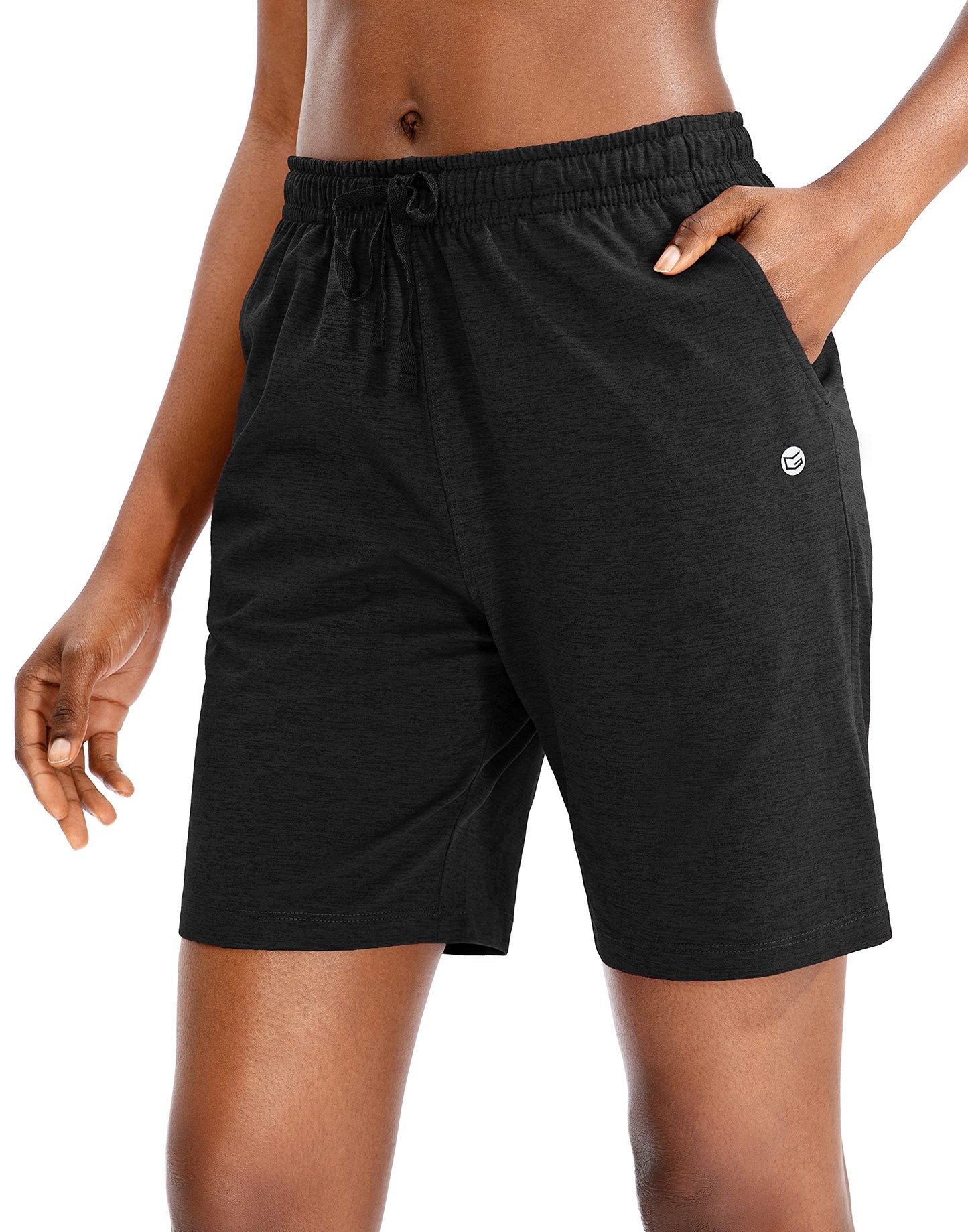 G Gradual Women's 7" Shorts with Deep Pockets Elastic Waist Bermuda Jersey Long Shorts for Woman Lounge Walking (Black,7",M)