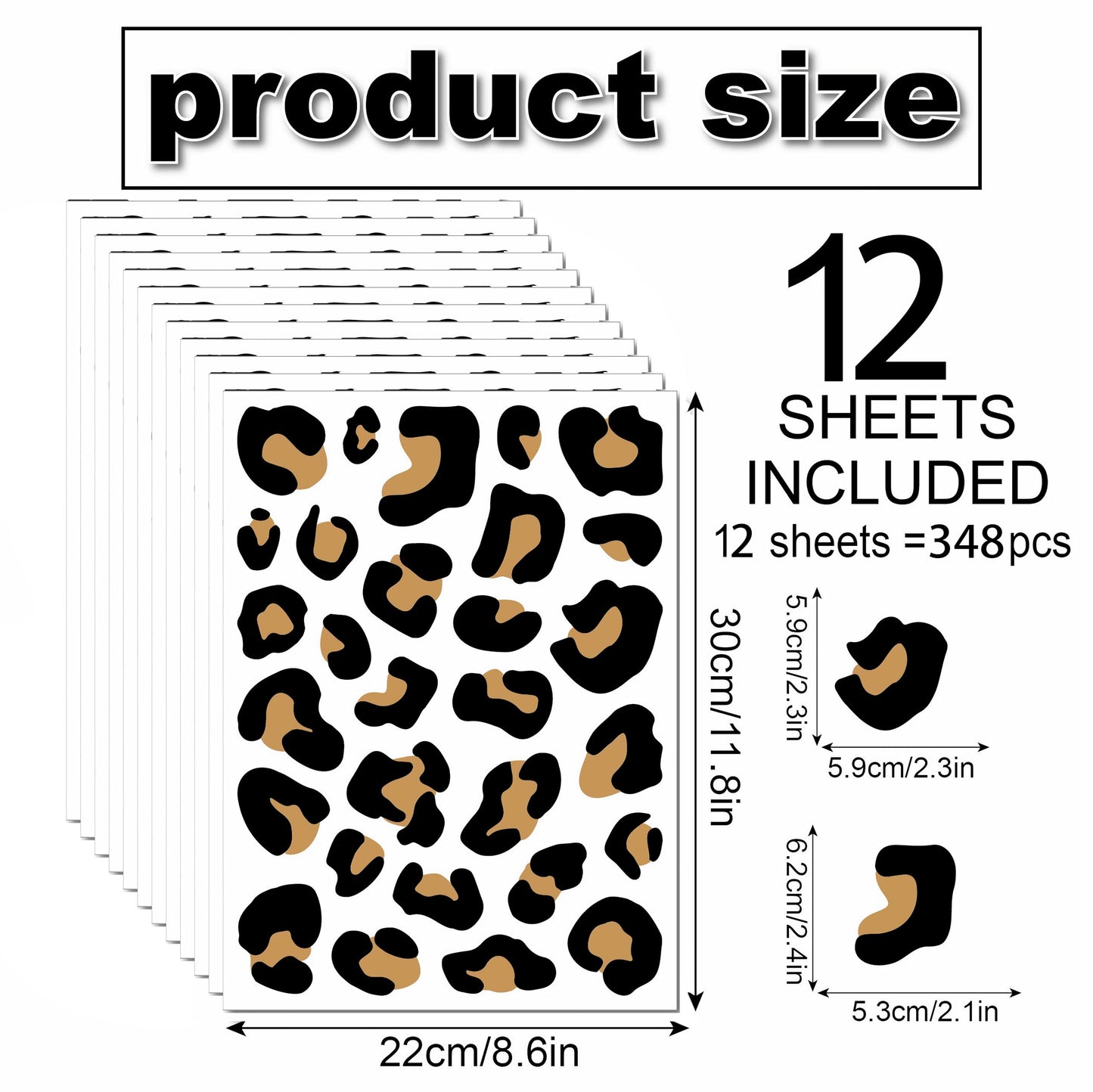 12 Sheets 348 Pcs Leopard Print Wall Decals - Cheetah Print Wallpaper for Bedroom, Living Room, Classroom Decoration