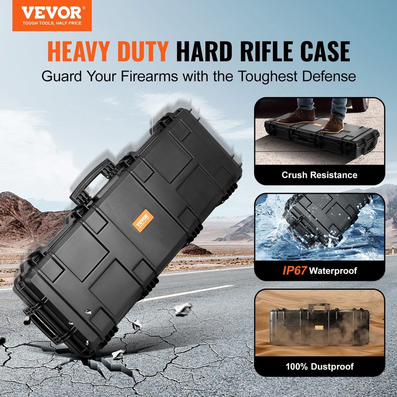 VEVOR Rifle Case, Hard Rifle Case with 4 Layers Fully-protective Foams, 42 inch Lockable Long Storage Case with Wheels, IP67 Waterproof & Dustproof, Black