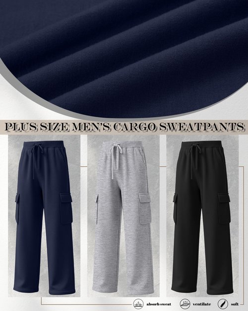 August Alley 3 Pack Big and Tall Men's Cargo Sweatpants Open Bottom Drawstring Elastic Waist Pants with Pockets Casual Hiking(Navy Blue, Light Gray, Black,4X-Large)