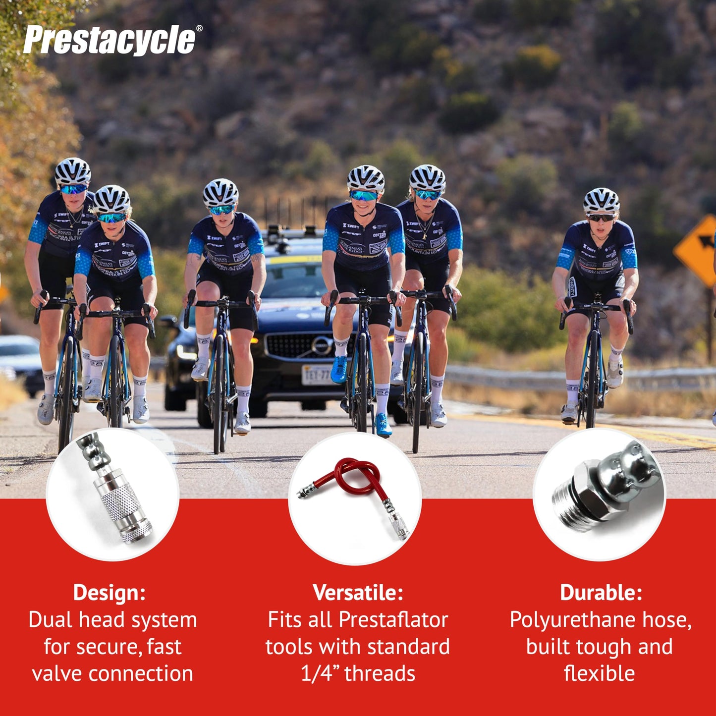 Prestaflator Pro 3-Way Presta Head Hose – Reinforced Flexible Red Polyurethane, Quick-Click2™ Spin-On Head, 300 PSI, 13" Length, Alloy Clamps, Fits All Prestaflator Tools with O-Ring Included