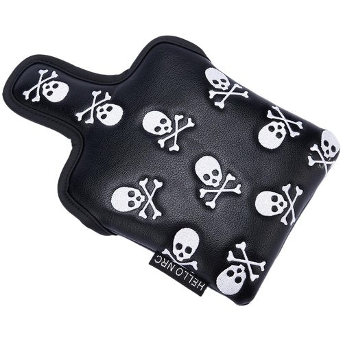 Gbourly Golf Club Skull Square Mallet Putter Cover Magnetic Closure Skeleton PU Leather Headcover,Black