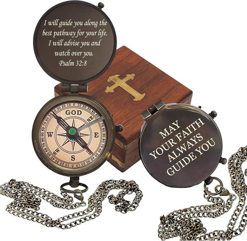 Engraved Compass - I Will Guide You - Psalm 32:8 Quote Handmade Working Compass with Scripture - Religious, Christian, Catholic, Christening, First Communion, Confirmation Gift