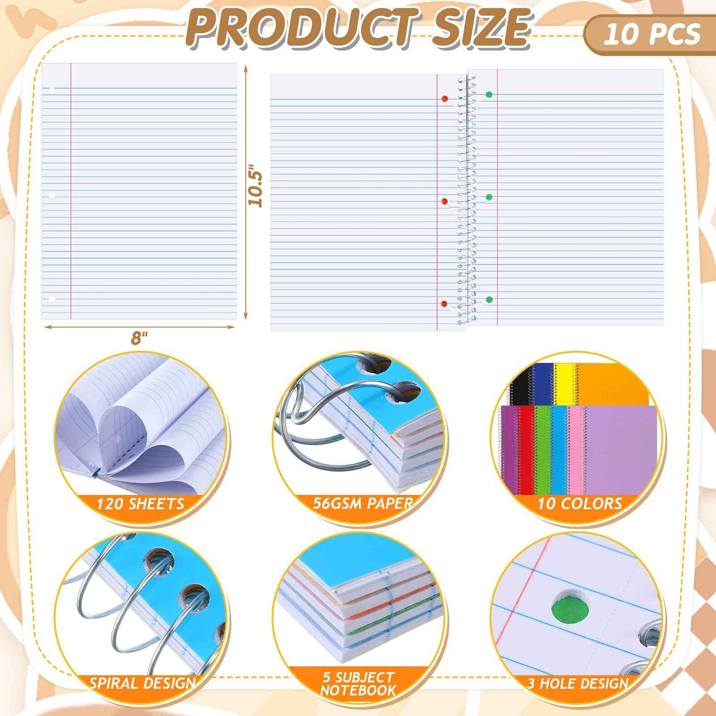 Fulmoon 10 Pcs 5 Subject Notebook Spiral Notebooks for School Office Hardcover Spiral Lined Notebook for Work, 240 Pages/ 120 Sheets, 8 x 10-1/2", 3 Hole Punched, 4 Removable Dividers (9/32 inch)